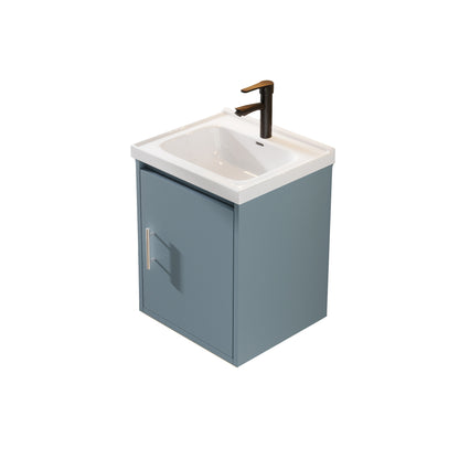 16" Floating Bathroom Vanity with Sink, Modern Wall Mounted Bathroom Vanity with Glossy White Ceramic Sink & Countertop, Soft Close Door, Plywood Storage Cabinet,Blue