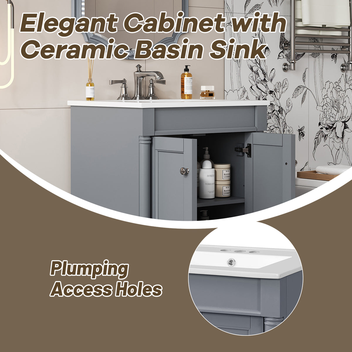 24" Bathroom Vanity with Sink, French Style Small Bathroom Vanity with Semi-Circular Column Design, Ceramic Sink with Overflow, Soft Close Door,Grey