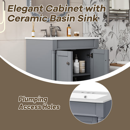 24" Bathroom Vanity with Sink, French Style Small Bathroom Vanity with Semi-Circular Column Design, Ceramic Sink with Overflow, Soft Close Door,Grey