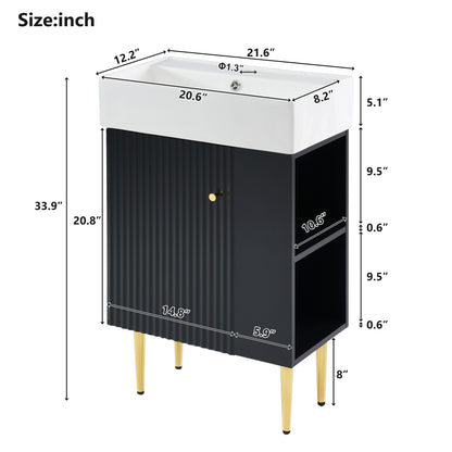 21.6" Bathroom Vanity with Sink, Slim Freestanding Bathroom Vanity Cabinet with Ceramic Sink & Overflow, Gold Metal Legs, Soft Close Door, for Small Bathroom,,Black