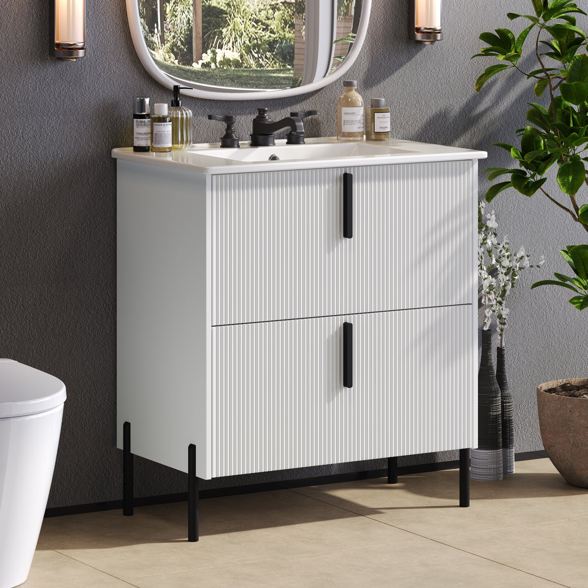 30" Bathroom Vanity with Sink, Black Fluted Bathroom Vanity with Undermount Drawer Slides & White Ceramic Basin, Finger Pull Design, Full Extension Drawers,White