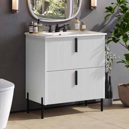 30" Bathroom Vanity with Sink, Black Fluted Bathroom Vanity with Undermount Drawer Slides & White Ceramic Basin, Finger Pull Design, Full Extension Drawers,White
