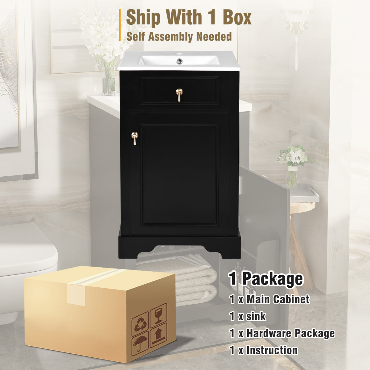 20" Bathroom Vanity with Sink, Classic Modern Bathroom Vanity Cabinet with U-Shaped Adjustable Shelf & Door Rack, Soft Close Door, Aluminum Handle,Black