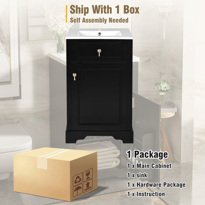 20" Bathroom Vanity with Sink, Classic Modern Bathroom Vanity Cabinet with U-Shaped Adjustable Shelf & Door Rack, Soft Close Door, Aluminum Handle,Black