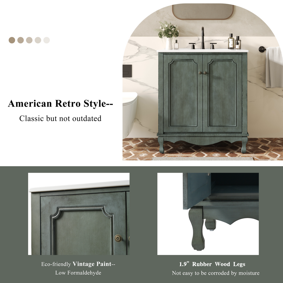 31" Bathroom Vanity with Sink, Antique Bathroom Vanity with Rectangular Ceramic Sink & Tip-Out Tray, Rubber Wood Legs, Soft Close Door,Antique blue green