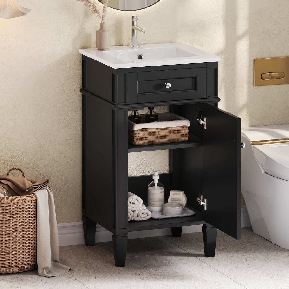 18" Bathroom Vanity with Sink, French Style Small Bathroom Vanity, Freestanding Wood Vanity Cabinet with Ceramic Sink Basin, Soft Close Door & U-Shaped Shelf,Black
