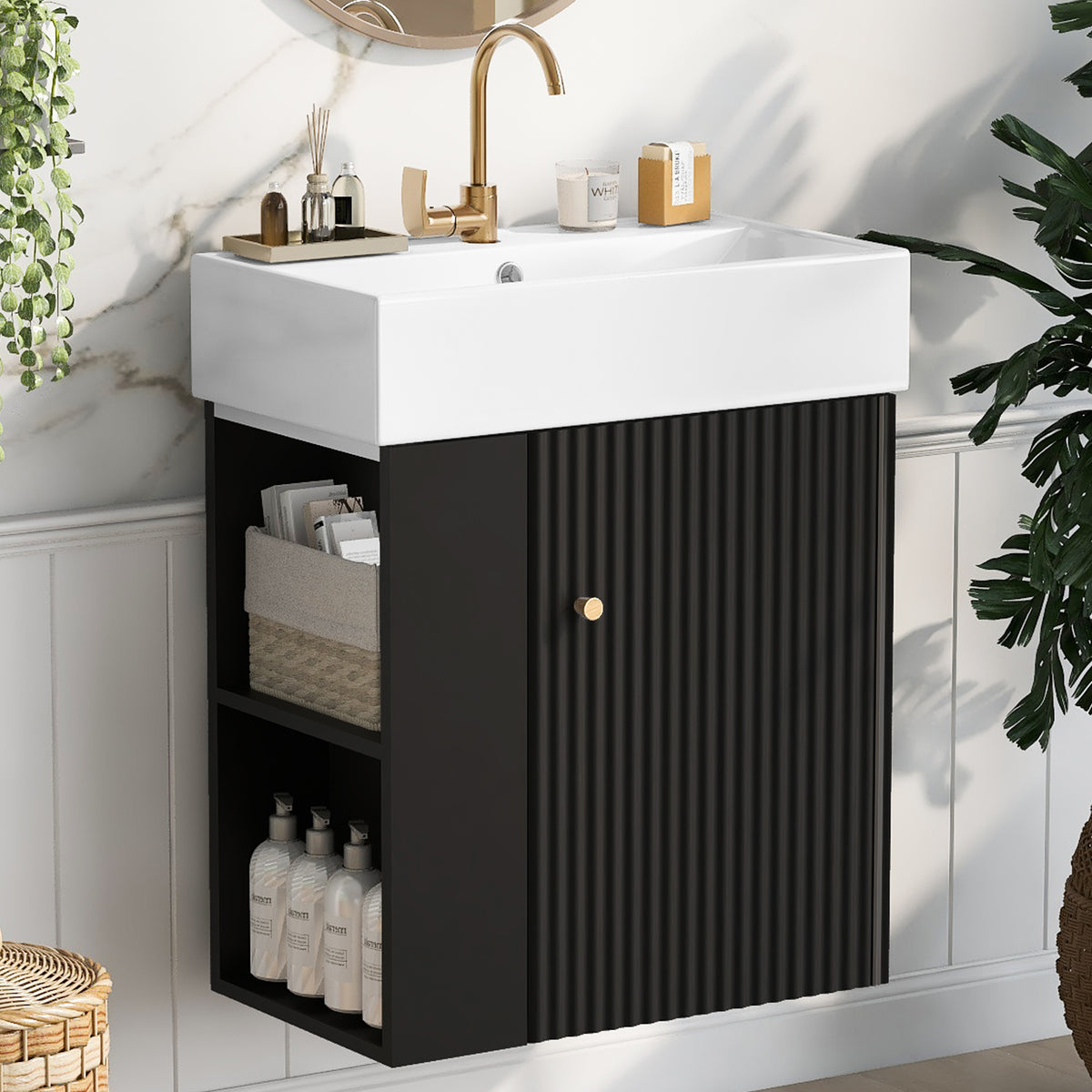 21.6" Floating Bathroom Vanity with Sink, Slim Wall Mounted Bathroom Vanity with Ceramic Basin & Overflow, Wave Pattern Door with Rose Gold Handle, Soft Close Door,Black
