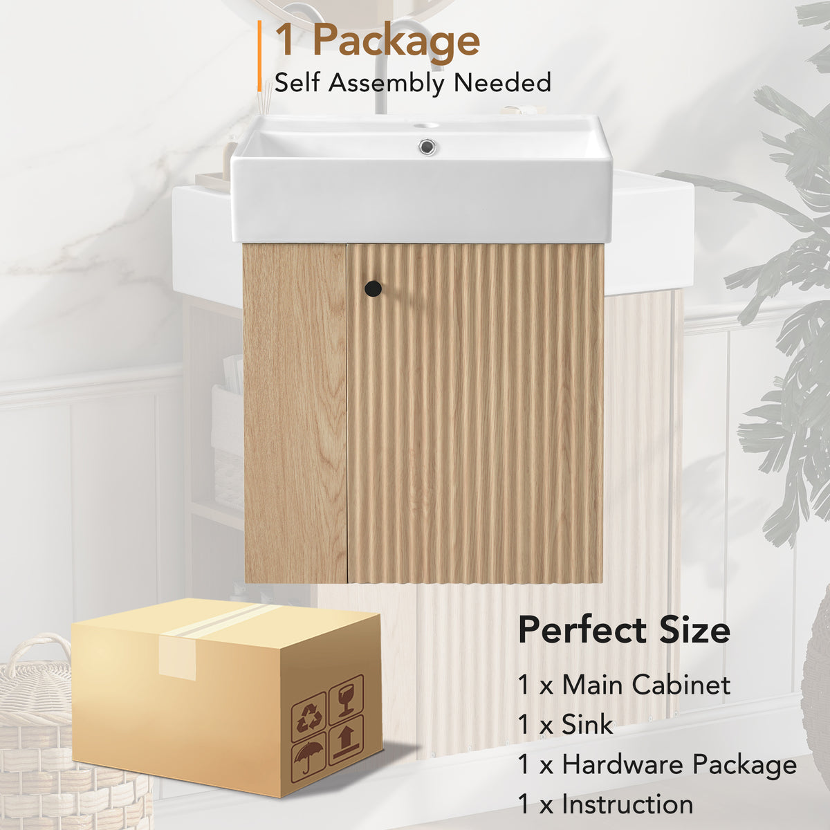 21.6" Floating Bathroom Vanity with Sink, Slim Wall Mounted Bathroom Vanity with Ceramic Basin & Overflow, Wave Pattern Door with Rose Gold Handle, Soft Close Door,Wood