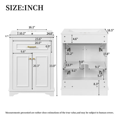 24" Bathroom Vanity with Sink, Small Bathroom Vanity with Tip-Out Drawer & Adjustable Storage, 3-Hole 4" Centerset Ceramic Sink with Overflow, Soft Close Door,White