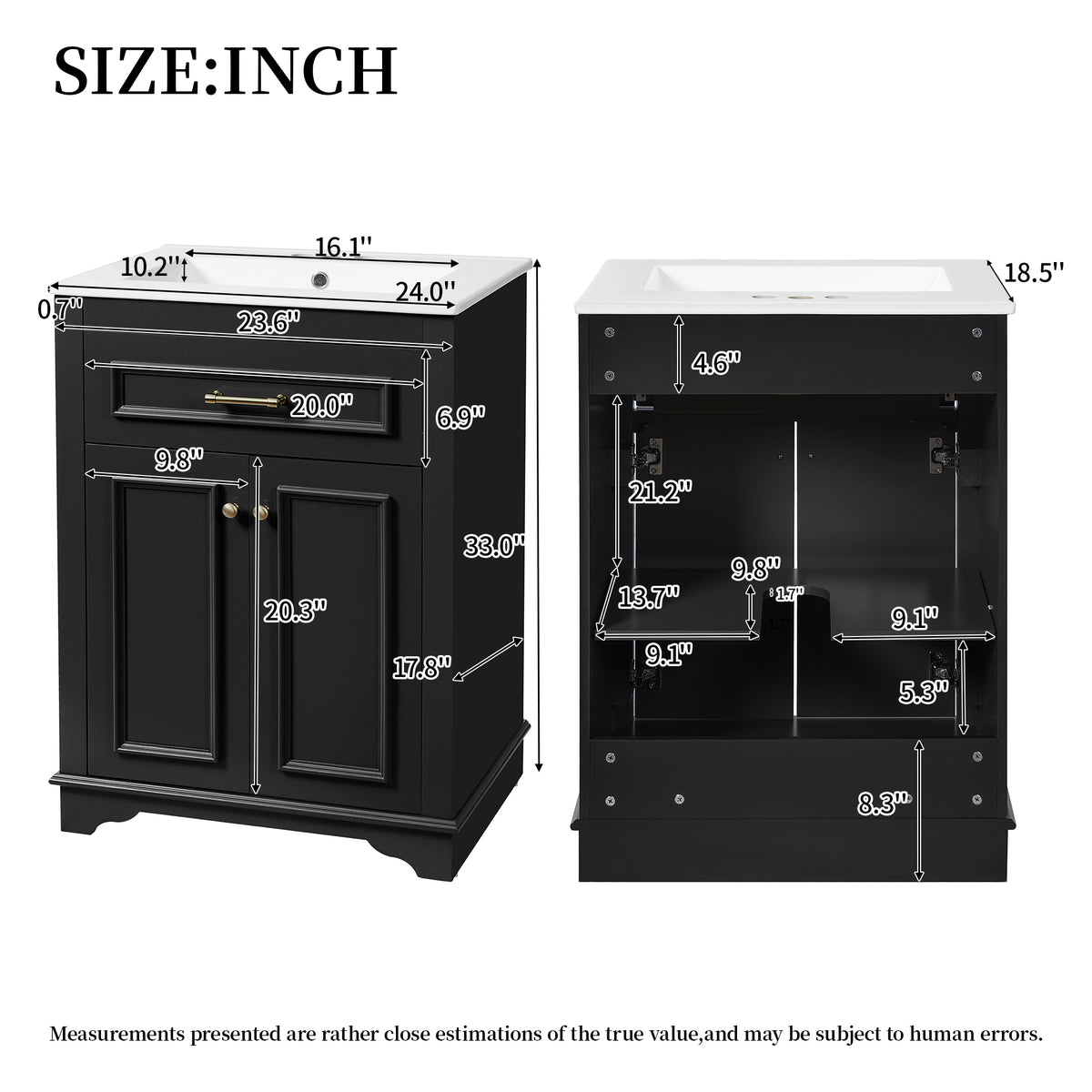 24" Bathroom Vanity with Sink, Small Bathroom Vanity with Tip-Out Drawer & Adjustable Storage, 3-Hole 4" Centerset Ceramic Sink with Overflow, Soft Close Door,Black