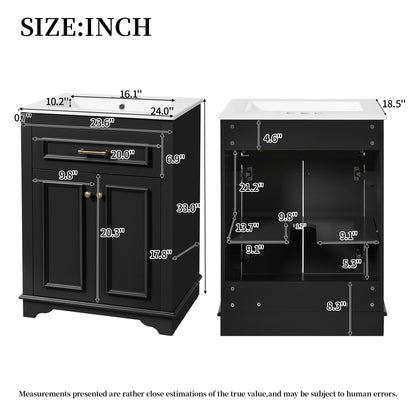 24" Bathroom Vanity with Sink, Small Bathroom Vanity with Tip-Out Drawer & Adjustable Storage, 3-Hole 4" Centerset Ceramic Sink with Overflow, Soft Close Door,Black