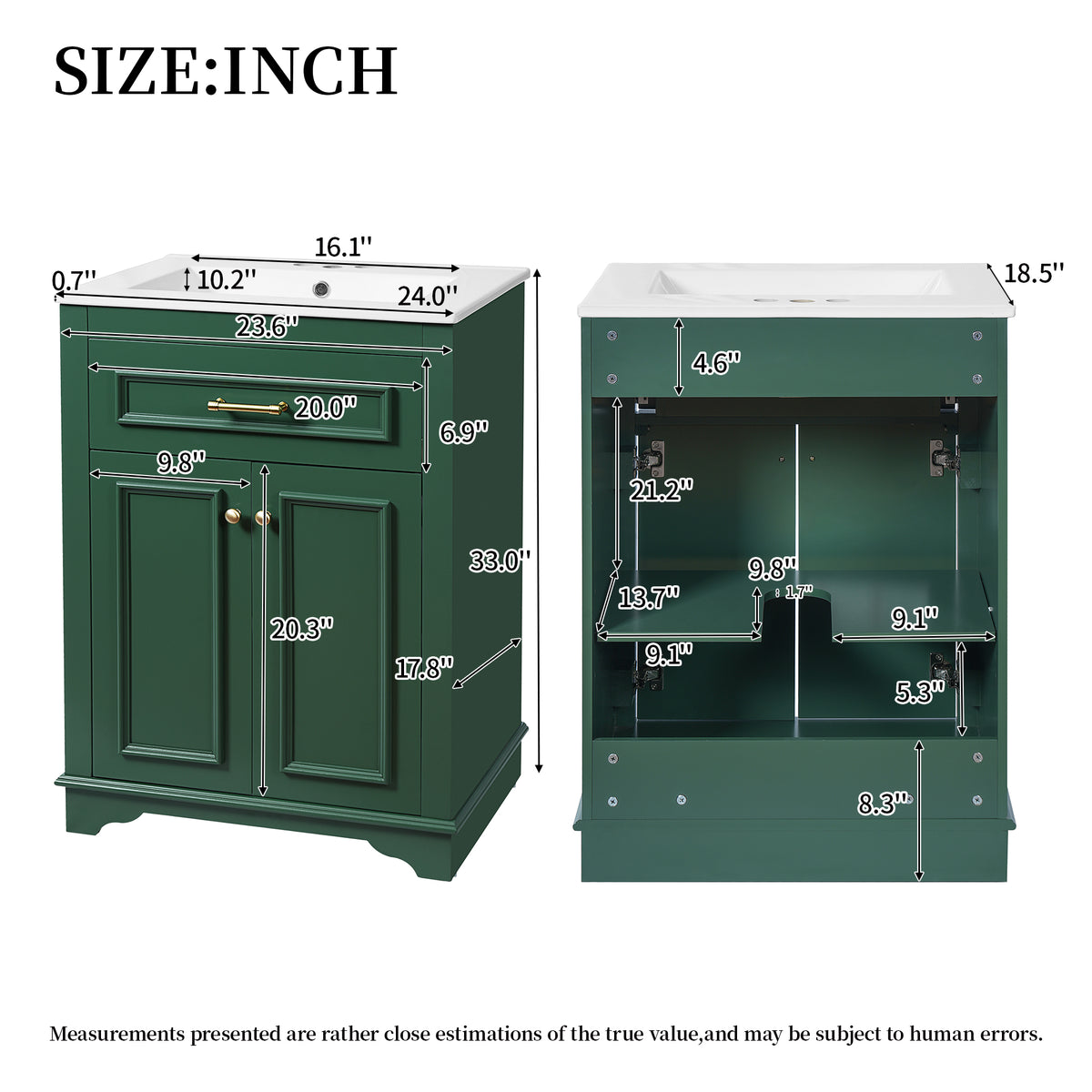 24" Bathroom Vanity with Sink, Small Bathroom Vanity with Tip-Out Drawer & Adjustable Storage, 3-Hole 4" Centerset Ceramic Sink with Overflow, Soft Close Door,Green