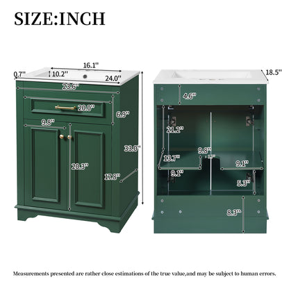 24" Bathroom Vanity with Sink, Small Bathroom Vanity with Tip-Out Drawer & Adjustable Storage, 3-Hole 4" Centerset Ceramic Sink with Overflow, Soft Close Door,Green