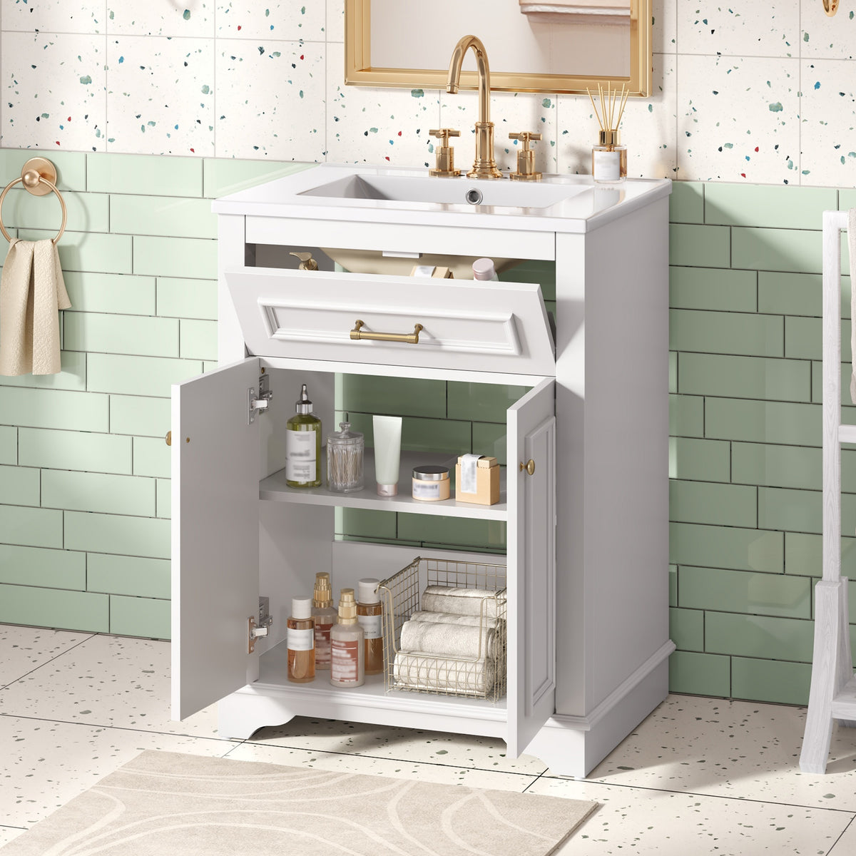 24" Bathroom Vanity with Sink, Small Bathroom Vanity with Tip-Out Drawer & Adjustable Storage, 3-Hole 4" Centerset Ceramic Sink with Overflow, Soft Close Door,White