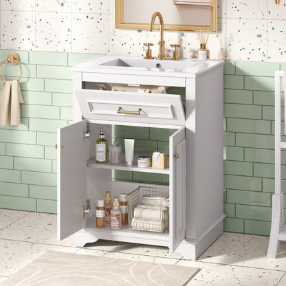 24" Bathroom Vanity with Sink, Small Bathroom Vanity with Tip-Out Drawer & Adjustable Storage, 3-Hole 4" Centerset Ceramic Sink with Overflow, Soft Close Door,White