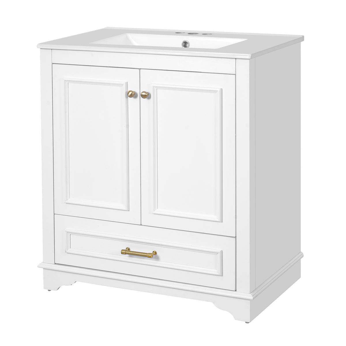 30" Bathroom Vanity with Sink, Traditional Bathroom Vanity with Carved Detail & Solid Wood Frame, Double Doors & Drawer, Ceramic Sink with Overflow,White