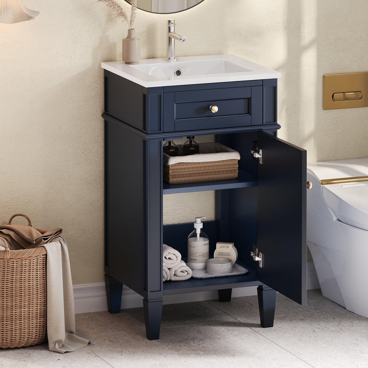 18" Bathroom Vanity with Sink, French Style Small Bathroom Vanity, Freestanding Wood Vanity Cabinet with Ceramic Sink Basin, Soft Close Door & U-Shaped Shelf,Blue