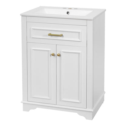 24" Bathroom Vanity with Sink, Small Bathroom Vanity with Tip-Out Drawer & Adjustable Storage, 3-Hole 4" Centerset Ceramic Sink with Overflow, Soft Close Door,White