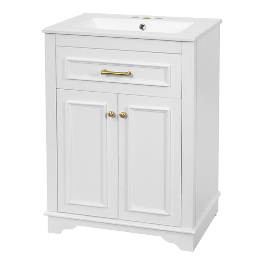 24" Bathroom Vanity with Sink, Small Bathroom Vanity with Tip-Out Drawer & Adjustable Storage, 3-Hole 4" Centerset Ceramic Sink with Overflow, Soft Close Door,White