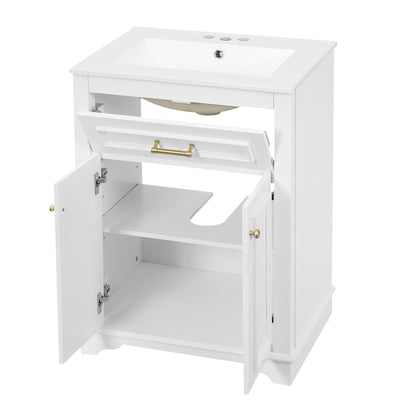 24" Bathroom Vanity with Sink, Small Bathroom Vanity with Tip-Out Drawer & Adjustable Storage, 3-Hole 4" Centerset Ceramic Sink with Overflow, Soft Close Door,White