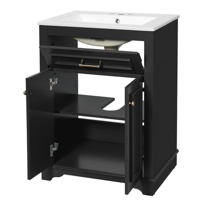 24" Bathroom Vanity with Sink, Small Bathroom Vanity with Tip-Out Drawer & Adjustable Storage, 3-Hole 4" Centerset Ceramic Sink with Overflow, Soft Close Door,Black