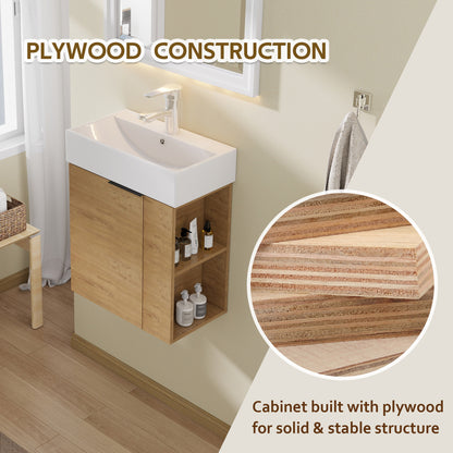 21.6" Floating Bathroom Vanity with Sink, Modern Wall Mounted Bathroom Vanity with Glossy White Ceramic Sink & Countertop, Soft Close Door, Plywood Storage Cabinet,Oak