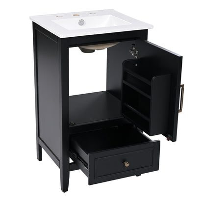 20" Bathroom Vanity with Sink, Half-Moon Ceramic Sink Basin with 3-Hole Faucet Mount, Bathroom Storage Cabinet with Drawer & Door Rack, Retro Gold Handle, Black
