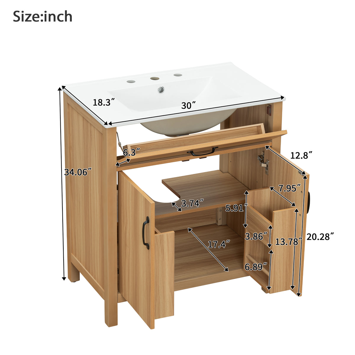 30" Bathroom Vanity with Sink, Modern Bathroom Vanity with Double Door Shelves & U-Shaped Adjustable Shelf, Ceramic Sink with Overflow, Soft Close Door,Acacia Wood