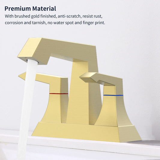 Brushed Gold 4-Inch Centerset Bathroom Sink Faucet, Two-Handle 3-Hole Vanity Faucet with Pop-Up Drain & Supply Lines