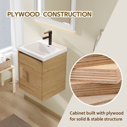 16" Floating Bathroom Vanity with Sink, Modern Wall Mounted Bathroom Vanity with Glossy White Ceramic Sink & Countertop, Soft Close Door, Plywood Storage Cabinet,Oak