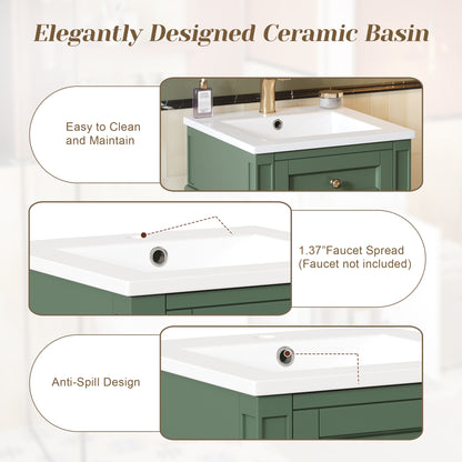 16" Bathroom Vanity with Sink, French Style Small Bathroom Vanity, Freestanding Wood Vanity Cabinet with Ceramic Sink Basin, Soft Close Door & U-Shaped Shelf,Green