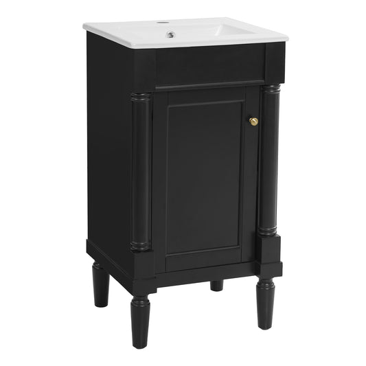 18" Bathroom Vanity with Sink, French Style Small Bathroom Vanity with Semi-Circular Column Design, Ceramic Sink with Overflow, Soft Close Door,Black