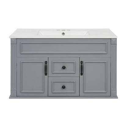 36" Floating Bathroom Vanity with Sink, Wall Mounted French Style Vanity with Stripe Carvings & Ceramic Sink for 4" Faucet, Overflow, Soft Close Door,Grey