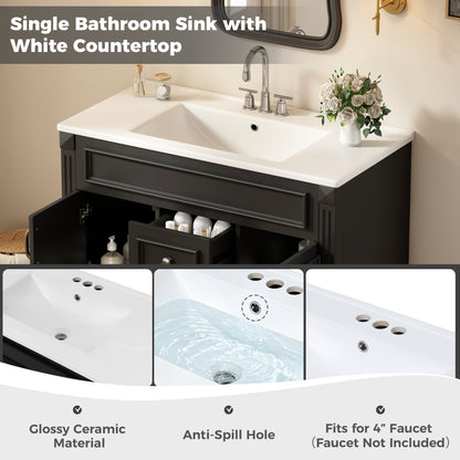36" Floating Bathroom Vanity with Sink, Wall Mounted French Style Vanity with Stripe Carvings & Ceramic Sink for 4" Faucet, Overflow, Soft Close Door,Black