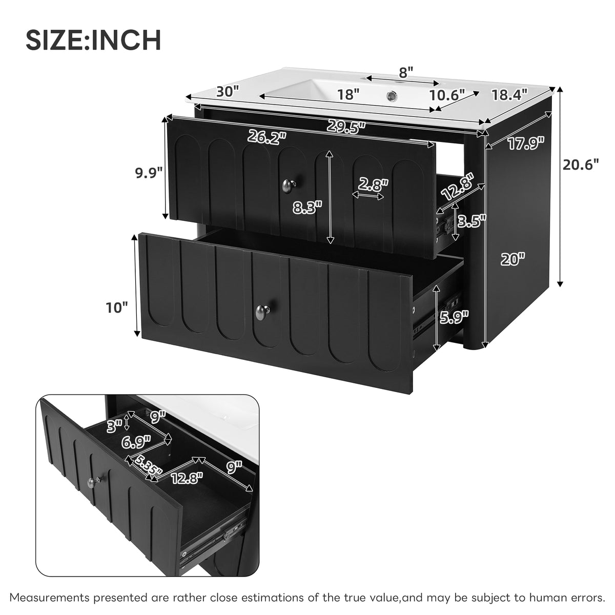 30" Floating Bathroom Vanity with Sink, Wall Mounted Bathroom Vanity with U-Shaped Drawer & Ceramic Sink for 8" Faucet, Overflow, Oval Knobs,Black