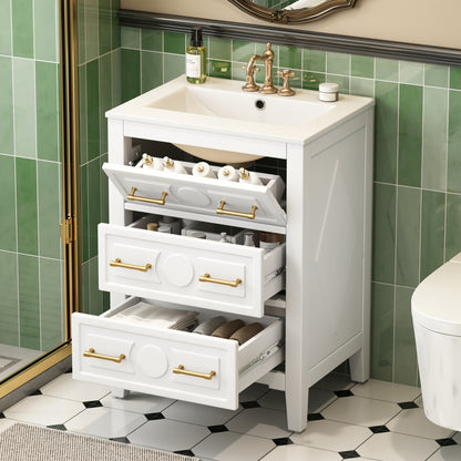 24" Bathroom Vanity with Sink, Green Bathroom Vanity with 3 Drawers & Carved Detail, Ceramic Sink for 4" Centerset Faucet with Overflow, Solid Pine Wood Frame,White