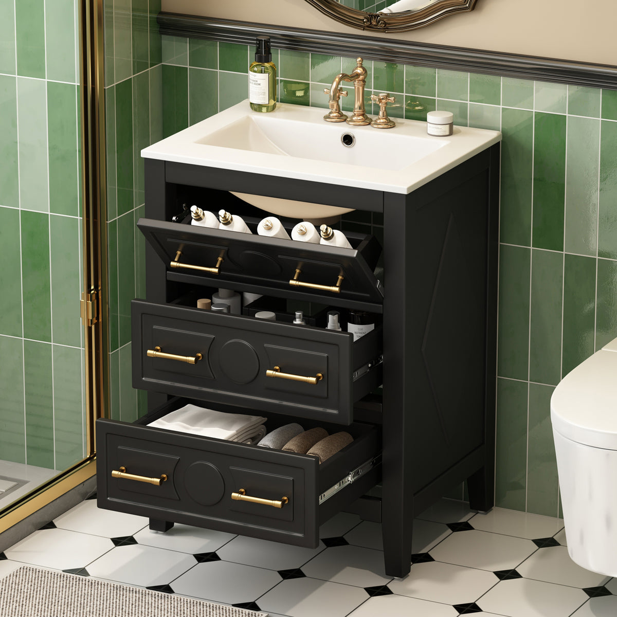 24" Bathroom Vanity with Sink, Green Bathroom Vanity with 3 Drawers & Carved Detail, Ceramic Sink for 4" Centerset Faucet with Overflow, Solid Pine Wood Frame,Black