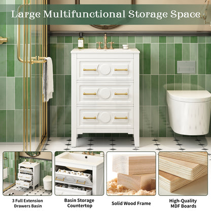 24" Bathroom Vanity with Sink, Green Bathroom Vanity with 3 Drawers & Carved Detail, Ceramic Sink for 4" Centerset Faucet with Overflow, Solid Pine Wood Frame,White