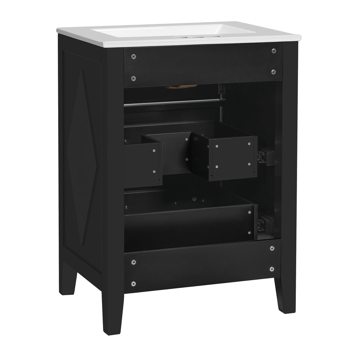 24" Bathroom Vanity with Sink, Green Bathroom Vanity with 3 Drawers & Carved Detail, Ceramic Sink for 4" Centerset Faucet with Overflow, Solid Pine Wood Frame,Black