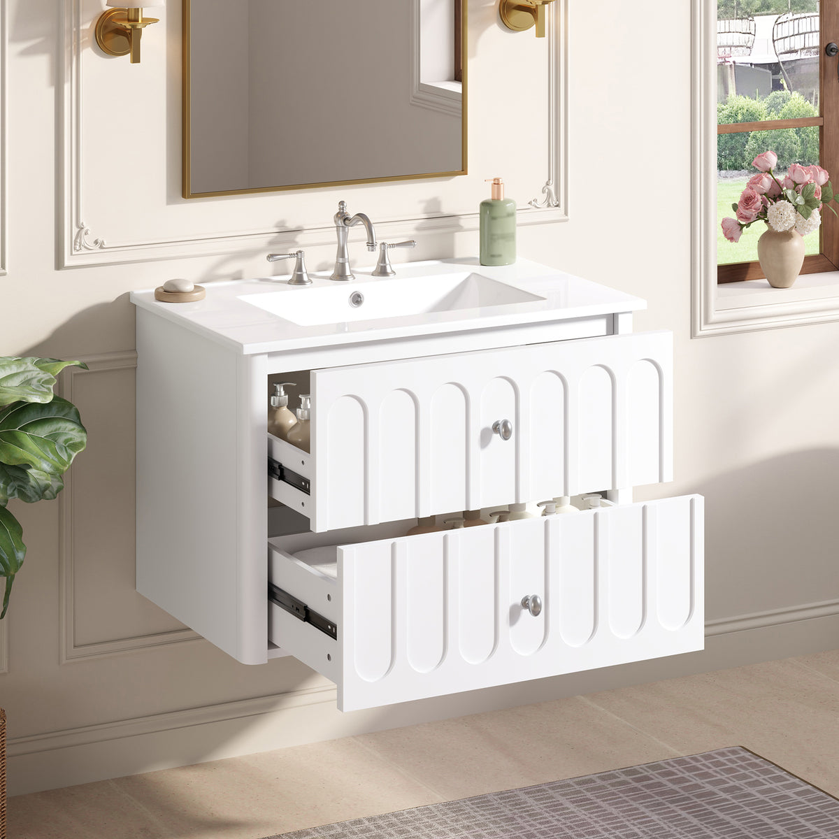 30" Floating Bathroom Vanity with Sink, Wall Mounted Bathroom Vanity with U-Shaped Drawer & Ceramic Sink for 8" Faucet, Overflow, Oval Knobs,White
