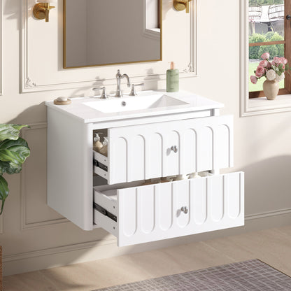 30" Floating Bathroom Vanity with Sink, Wall Mounted Bathroom Vanity with U-Shaped Drawer & Ceramic Sink for 8" Faucet, Overflow, Oval Knobs,White