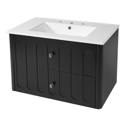 30" Floating Bathroom Vanity with Sink, Wall Mounted Bathroom Vanity with U-Shaped Drawer & Ceramic Sink for 8" Faucet, Overflow, Oval Knobs,Black