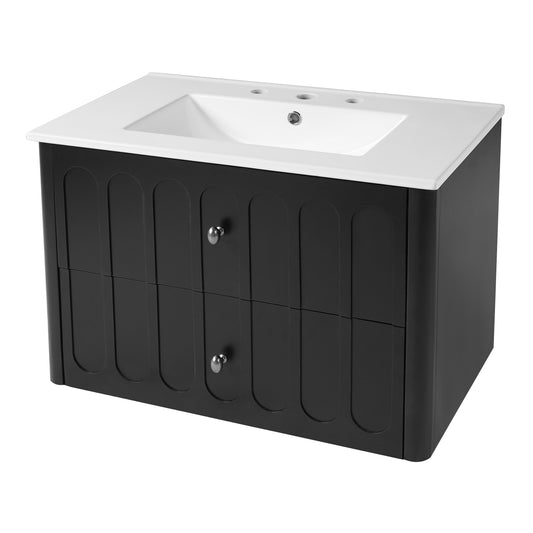 30" Floating Bathroom Vanity with Sink, Wall Mounted Bathroom Vanity with U-Shaped Drawer & Ceramic Sink for 8" Faucet, Overflow, Oval Knobs,Black