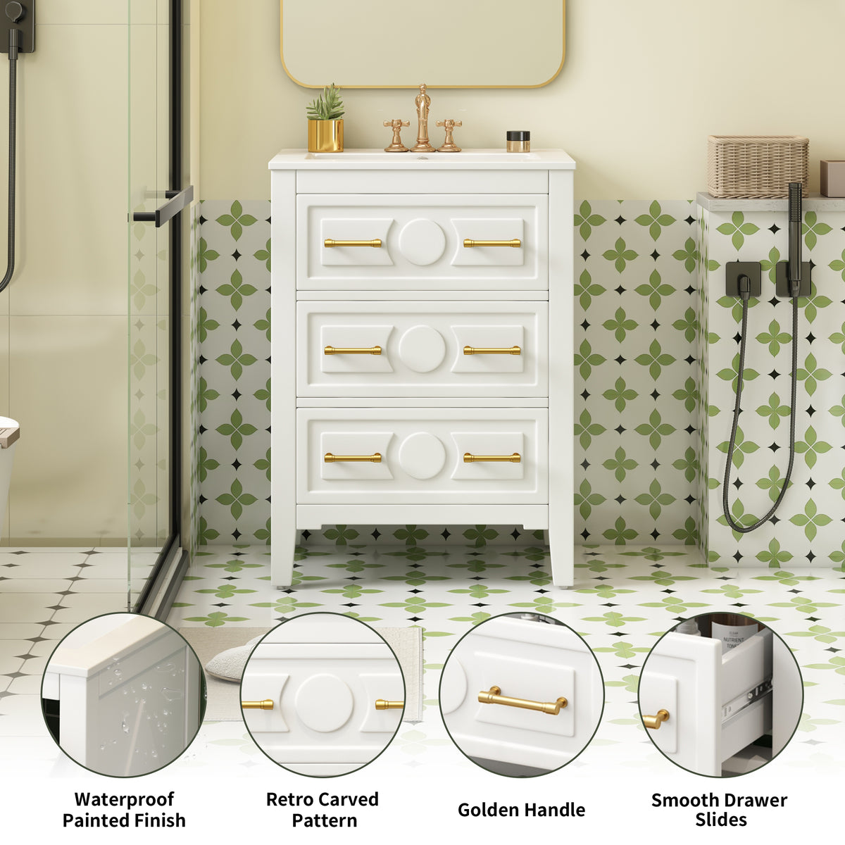 24" Bathroom Vanity with Sink, Green Bathroom Vanity with 3 Drawers & Carved Detail, Ceramic Sink for 4" Centerset Faucet with Overflow, Solid Pine Wood Frame,White