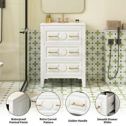 24" Bathroom Vanity with Sink, Green Bathroom Vanity with 3 Drawers & Carved Detail, Ceramic Sink for 4" Centerset Faucet with Overflow, Solid Pine Wood Frame,White
