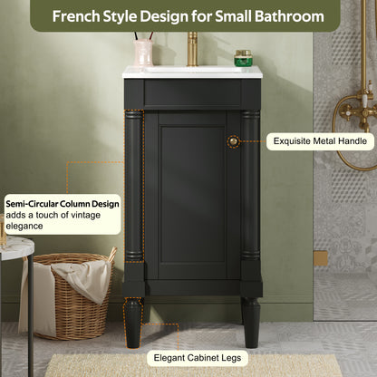 18" Bathroom Vanity with Sink, French Style Small Bathroom Vanity with Semi-Circular Column Design, Ceramic Sink with Overflow, Soft Close Door,Black