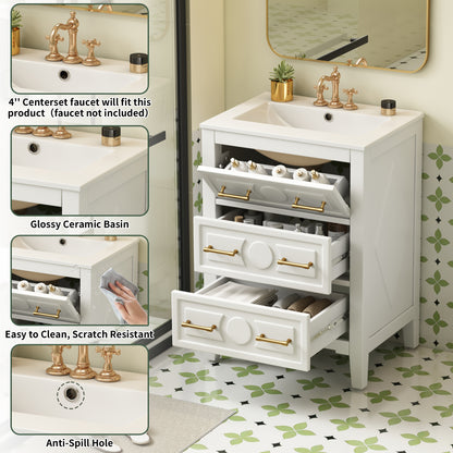 24" Bathroom Vanity with Sink, Green Bathroom Vanity with 3 Drawers & Carved Detail, Ceramic Sink for 4" Centerset Faucet with Overflow, Solid Pine Wood Frame,White