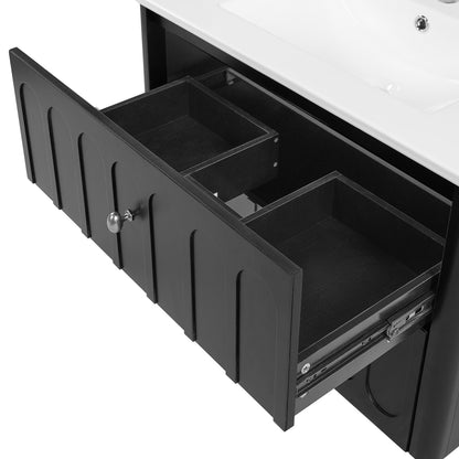 30" Floating Bathroom Vanity with Sink, Wall Mounted Bathroom Vanity with U-Shaped Drawer & Ceramic Sink for 8" Faucet, Overflow, Oval Knobs,Black