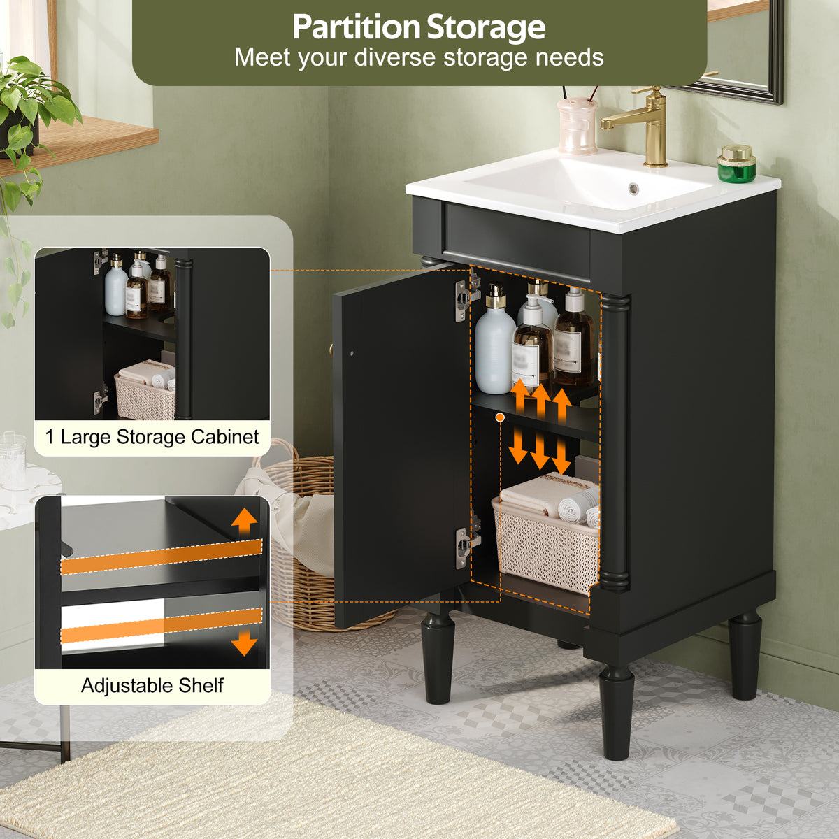 18" Bathroom Vanity with Sink, French Style Small Bathroom Vanity with Semi-Circular Column Design, Ceramic Sink with Overflow, Soft Close Door,Black