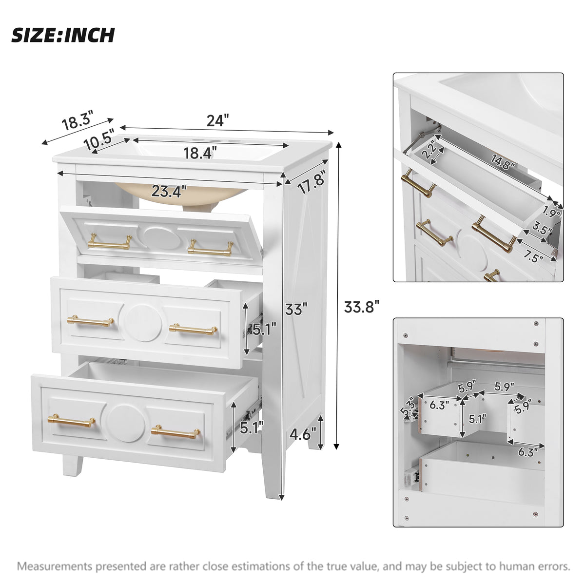 24" Bathroom Vanity with Sink, Green Bathroom Vanity with 3 Drawers & Carved Detail, Ceramic Sink for 4" Centerset Faucet with Overflow, Solid Pine Wood Frame,White